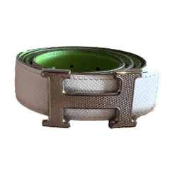 Hermès H Guillochee belt buckle & Reversible leather strap white and green